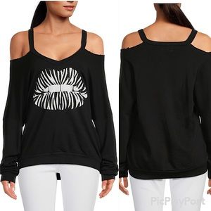 LAUREN MOSHI Black White Zebra Tiger Beaded Lips Cold Shoulder RELAXED Top NWT